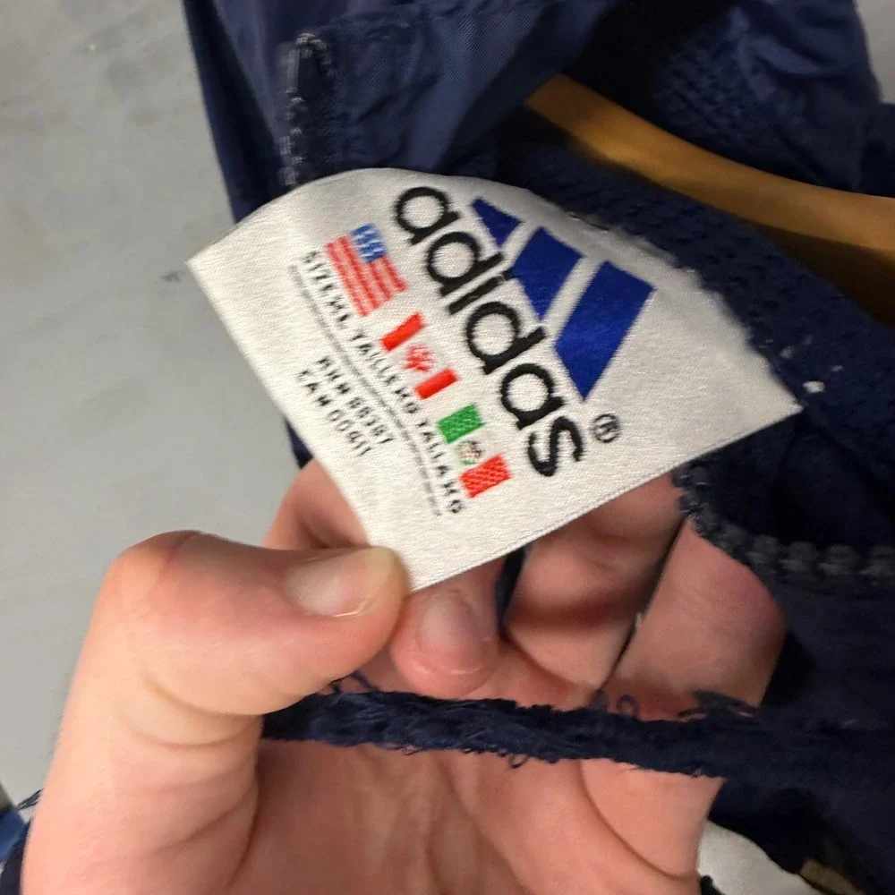 Adidas Vintage Navy Blue Three Stripe Hooded Windbreaker Track Jacket Full‎ Zip